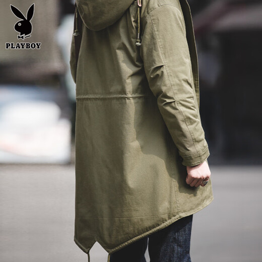 Playboy (PLAYBOY) 2025 new American retro fashion fishtail mid-length windbreaker jacket hooded parka coat cotton jacket for men spring military green version looser XL