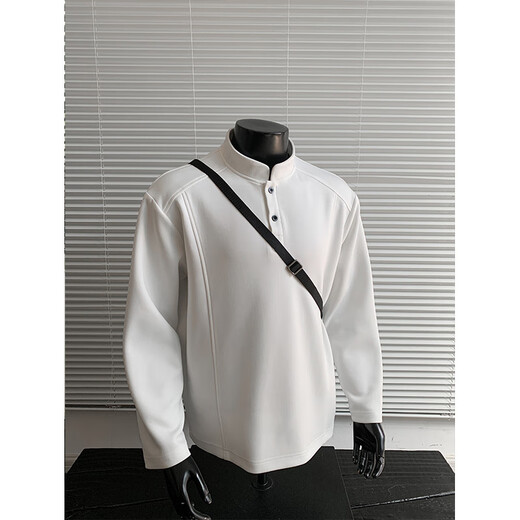 Introducing Henry collar, right shoulder, composite heavyweight long-sleeved T-shirt for men, autumn loose large size casual bottoming shirt, boys' clothes, white gray 4XL