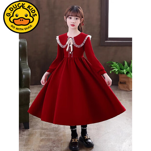 G.duck girls princess dress autumn and winter new velvet dress children's red dress host piano performance clothes spring and autumn CLS-H05 burgundy follow + headband 120 recommended height 110-120cm (5-6 years old)