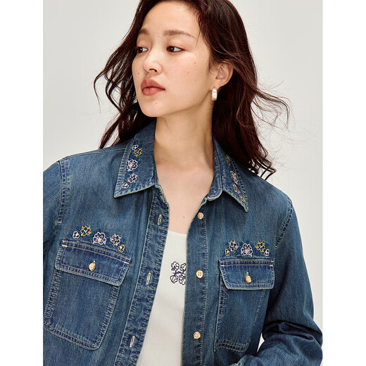 INMAN retro casual floral embroidered washed denim shirt 2026 spring women's new loose long-sleeved shirt denim blue L