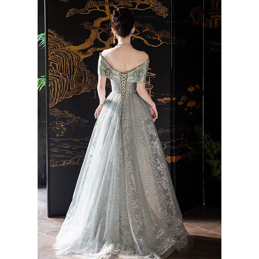Fuling Art Examination Dress Music Student Piano Performance Evening Dress Evening Dress Women Light Luxury Niche High-End Beautiful Coming-of-Age Ceremony Green Champagne Gold Long Version