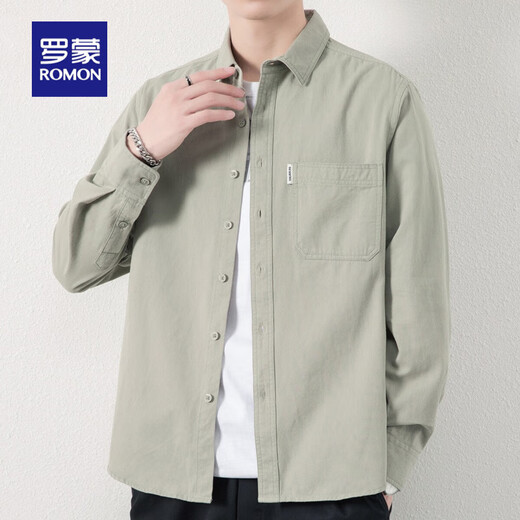 ROMON long-sleeved shirt men's pure cotton no-iron inch shirt 2026 autumn new trendy casual shirt jacket for men 8851 fog blue XL recommended 126-140Jin Jin equals 0.5 kg