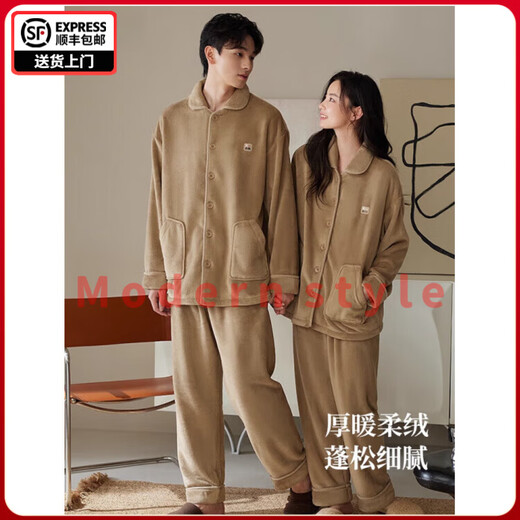 FENTENGG anti-static flannel couple pajamas for women winter warm thickened coral velvet men's home wear set 64305 warm coffee-female XL