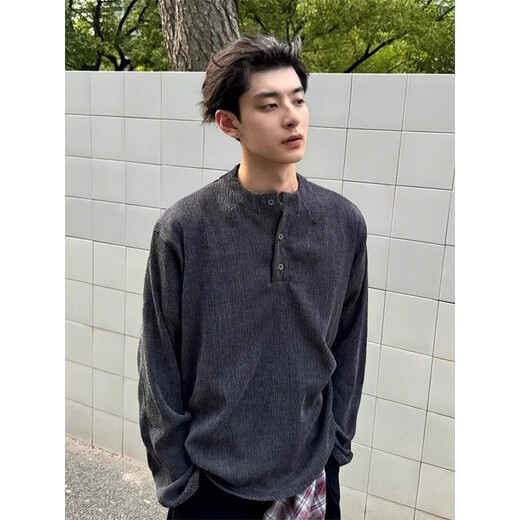 Textured tree branch black henley collar long-sleeved T-shirt for men in old money style loose drape P-shirt sweatshirt dark gray M