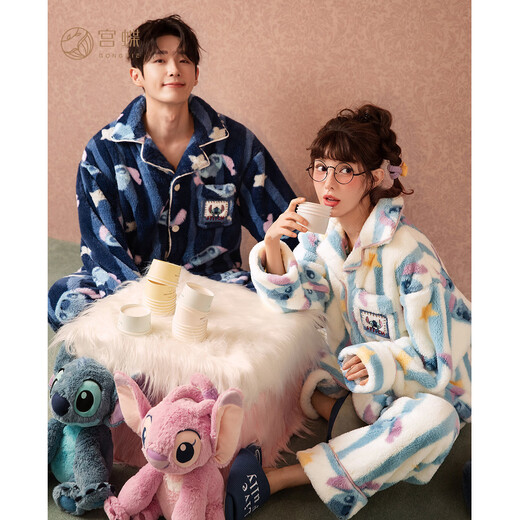 Gongdie Thermal Storage Disney Stitch Coral Velvet Couple Pajamas Women's Thickened Men's Cartoon Home Clothes