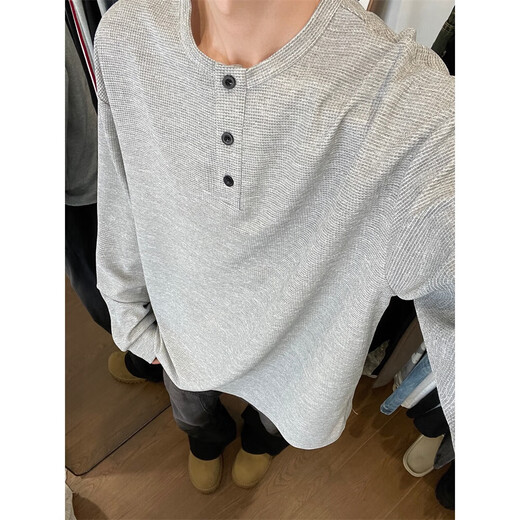 Gray fake two-piece long-sleeved Henley collar T-shirt for men, summer waffle sweatshirt, American sports inner layering shirt, light gray Henley shirt, cost-effective model M 105-120Jin Jin is equal to 0.5 kg