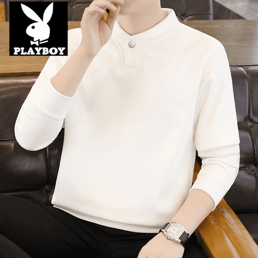 Playboy (PLAYBOY) Henry collar sweatshirt men's long-sleeved T-shirt men's spring and autumn half turtleneck inner layering shirt men's slim fit clothes 77012 white M recommended 90-105Jin Jin equals 0.5 kg