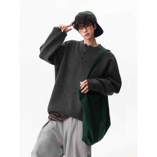 SWAMP AREA American retro Henry collar button sweater for men in winter loose lazy bottoming pullover sweater black upgraded model M