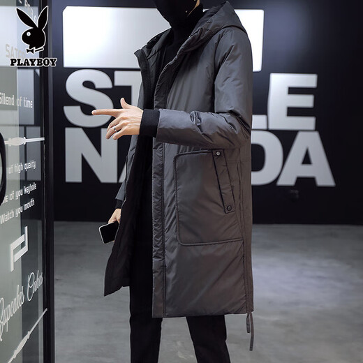 Playboy medium-length hooded down cotton coat for men, Korean version, slim and trendy 2025 winter simple thickened parka warm coat, black M