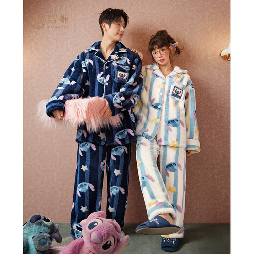 Gongdie Thermal Storage Disney Stitch Coral Velvet Couple Pajamas Women's Thickened Men's Cartoon Home Clothes