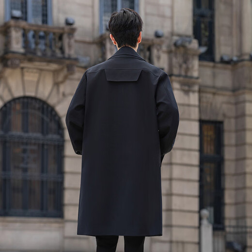 ROMON windbreaker men's mid-length autumn and winter Korean style loose double-layer collar fake two-piece coat black L