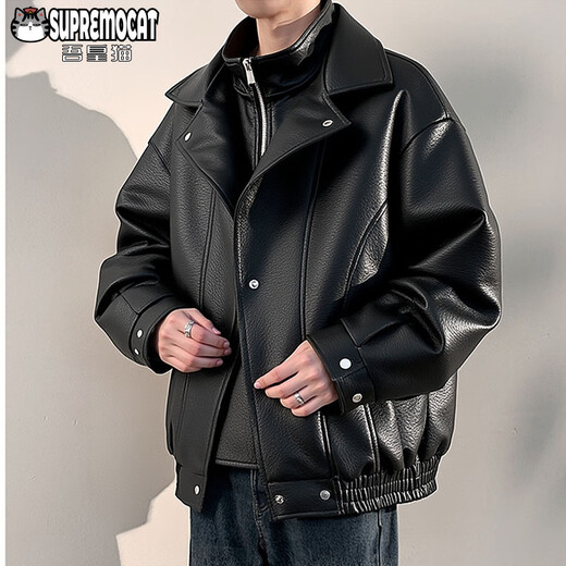 My Emperor Cat Autumn and Winter American New Style Retro PU Leather Lapel Casual Jacket Men's Fake Two-piece Jacket WJ13 Black L