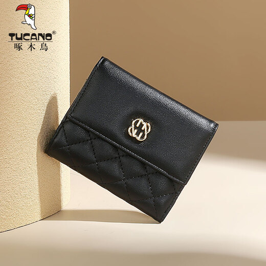 Woodpecker genuine leather wallet for women 2025 new card holder cowhide rhombus stitching small coin purse short style multiple card slots black
