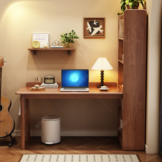 Huixun solid wood corner desk bookshelf integrated desk bedroom corner computer desk bookcase combination writing desk home desk walnut color #desk + bookshelf 100cm*60cm*160cm total length 124cm