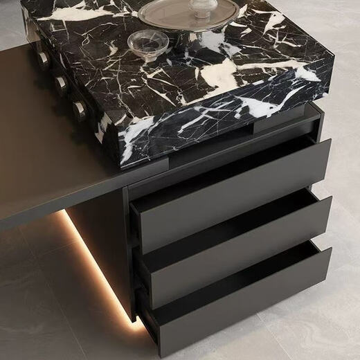 Shunmujia Italian style minimalist high-end slate island integrated dining table and chairs retractable light luxury large apartment kitchen island table island dining table + flat style 5cm hanging slate table top 1.6 meters tabletop