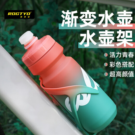 ROGTYO bicycle riding water bottle mountain road bike colorful gradient water cup portable squeeze sports water bottle water bottle rack pink and green gradient 650ML water bottle + water bottle rack