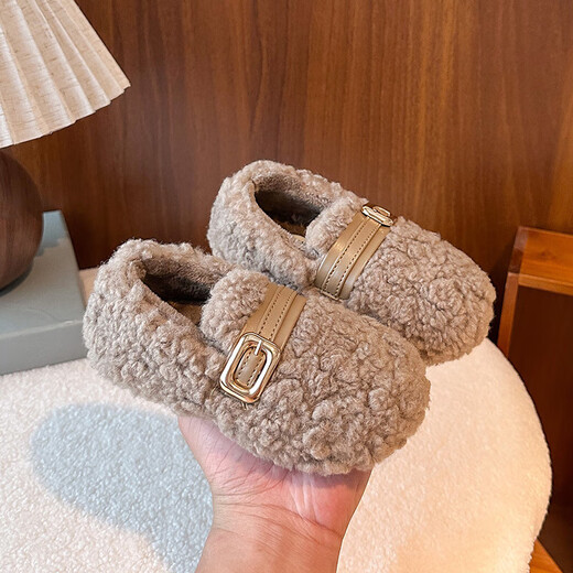 Children's furry shoes, girls' winter outerwear, Korean version, new velvet warm little girl's soft-soled baby cotton shoes, khaki color, size 28, inner length 16.7cm