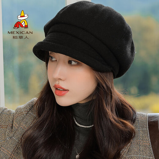 Scarecrow (MEXICAN) Hat Women Korean Version Versatile Ins Octagonal Beret Autumn and Winter Fashion British Simple Internet Celebrity Painter Hat White One Size