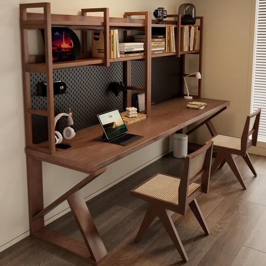 Shoukui solid wood desk bookshelf integrated office desk home double study computer table hole board desk bookcase long table deposit option, customization