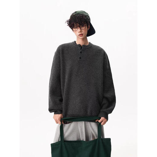 SWAMP AREA American retro Henry collar button sweater for men in winter loose lazy bottoming pullover sweater black upgraded model M