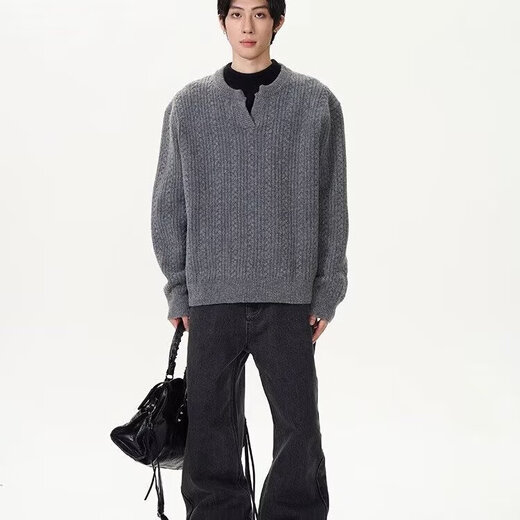 American retro twist men's design autumn and winter sweater lazy base layer high-end Henry sweater v-neck jacket gray counter quality M