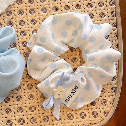 Forest style polka dot bow hair tie for women 2025 new style blue hair tie hair rope flower hair accessory French white polka dot hair ring - 1 piece