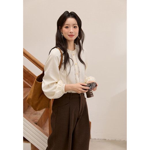 Mystery Rice Apricot Velvet Feeling Shirt Women's 2025 Autumn and Winter New Women's Fungi Stand Collar Top Retro Loose Shirt Apricot Rice M