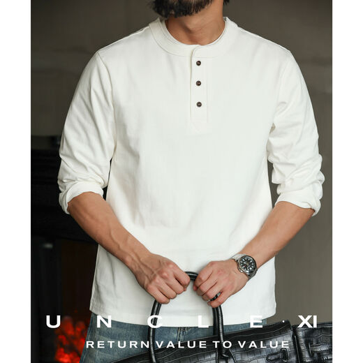 New CBD Elite Heavyweight 320g American Henley Collar Long Sleeve T-Shirt Men's Breasted Spring and Autumn Casual Bottoming Shirt White M M