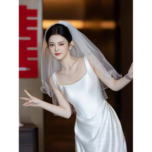 ROAR UTHAUG Yiyuting bride wedding veil simple long forest style wedding main wedding dress headdress certificate registration pearl veil white long pearl veil