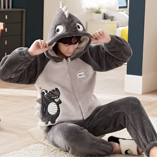 Teenage Love Story Men's Pajamas Autumn and Winter Coral Velvet Winter Plus Velvet Thickening Warm Teenagers Large Size Men's Home Clothing Set 140 Crocodile XL Male Height 168-176 Weight 128-150 Jin Jin is equal to 0.5 kg