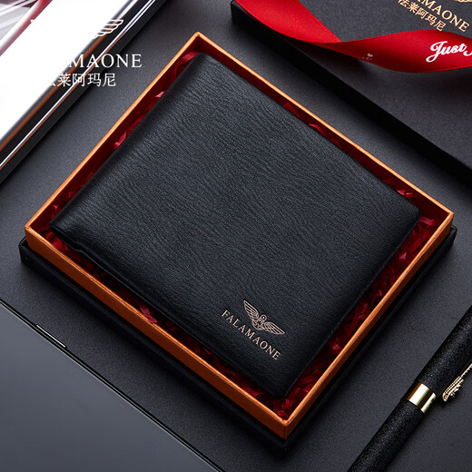 Falamaone Men's Wallet Short Great Le cuir jeune portefeuille Men de tête Men de tête Cowhide Multi-carte Multi-fonction portefeuille Black QB204-1 (Boîte-cadeau exquise)