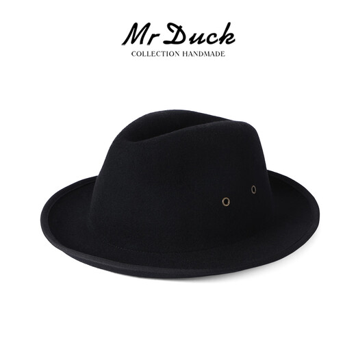Mr DUCK Australian pure wool handmade top hat rolled edge foldable casual high-end jazz hat for men, warm and breathable in autumn and winter, royal black (top hat) M (suitable for 56-57cm head circumference)