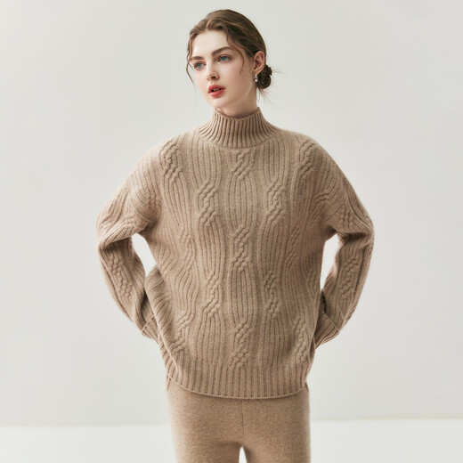 Mushi Cashmere Sweater Women's Half Turtleneck Sweater Women's Winter Cable Striped Knit Sweater Loose Pullover Bottoming Shirt RC25145 Cream White One Size