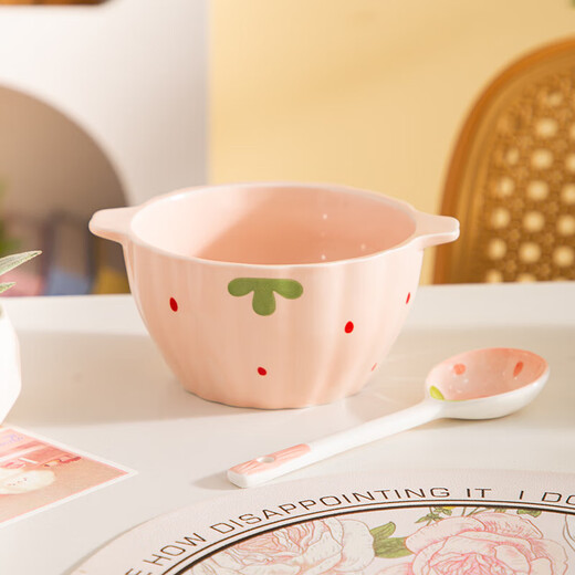 Girly Heart Strawberry Double-Eared Bowl and Spoon Thickened Soup Bowl Salad Bowl Rice Bowl Household Bowl High-Looking Underglaze Color Tableware Light Pink Strawberry Double-Eared Bowl (2 Bowls 2 Spoons) 4-piece Set