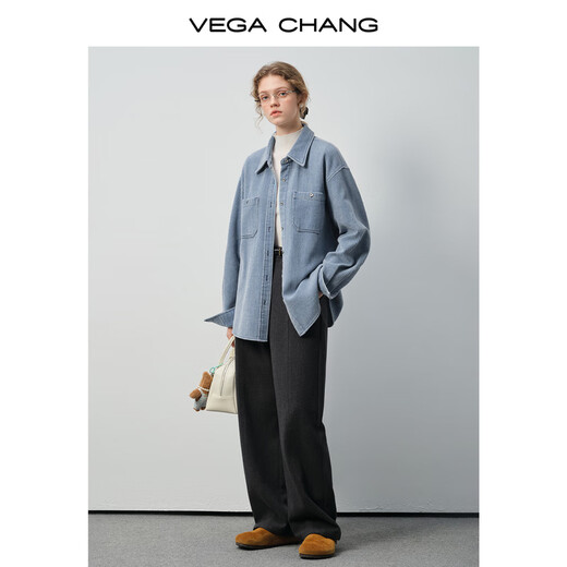 VEGA CHANG 10.27 new, retro relaxed feel, light blue corduroy shirt, loose silhouette, gentle texture, cobalt stone blue, second batch M