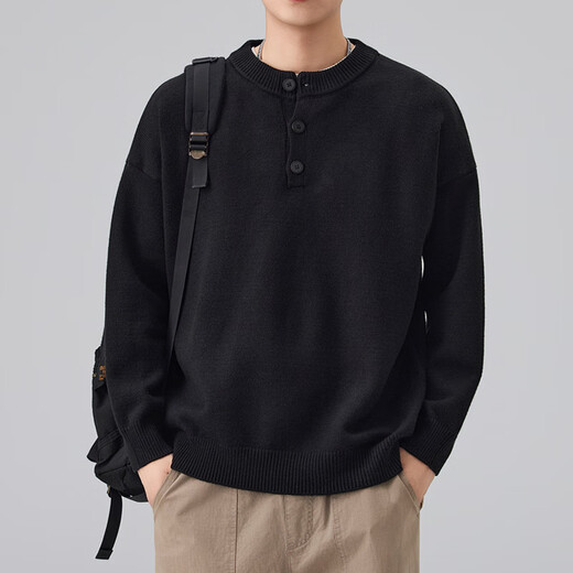 Plunging Henry collar sweater for men in autumn, loose and casual, lazy style, long-sleeved bottoming shirt for men BM2839 black XL recommended 145-160Jin Jin is equal to 0.5 kg
