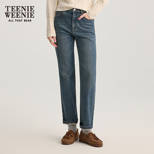 Teenie Weenie [Same Model for Zhao Lusi] Bear Women's Jeans 2025 Autumn New Stretch Smoke Pants Medium Blue M