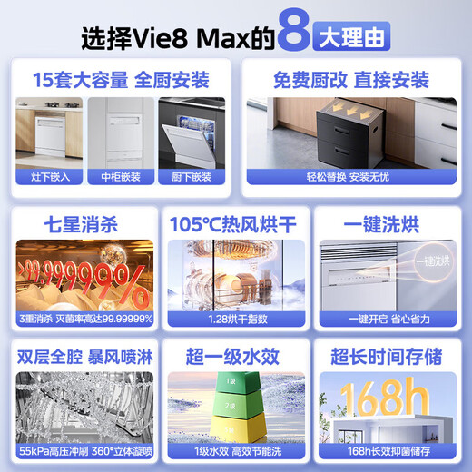 Hualing dishwasher VIE8 Max Midea produces 15 sets of large-capacity embedded stove table dishwasher and disinfection cabinet all-in-one machine with variable frequency motor lower layer strong washing Hualing magic machine steam disinfection seven-star disinfect VIE8 Max