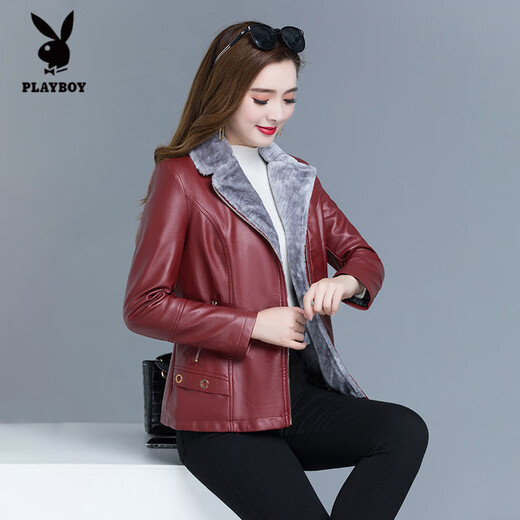 Playboy (PLAYBOY) leather jacket women's velvet thickening short Korean version slim and slim 2025 autumn and winter new fur all-in-one mother's wear Ruiyan black short velvet thickened 7XL 145-160Jin Jin equals 0.5 kg