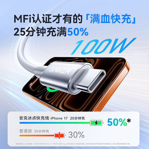 ANKER 1 piece, Apple 17/iPhone16 100W flash charging two-way Type-C data cable power bank charger fast charging braided cable suitable for Huawei notebook white 1 meter