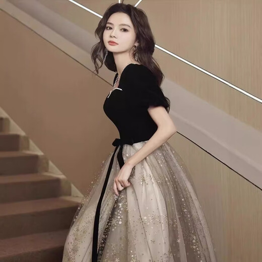 Evening dress for women 2025 new annual meeting high-end black dress light luxury niche high-end sense student art exam adult black evening dress L