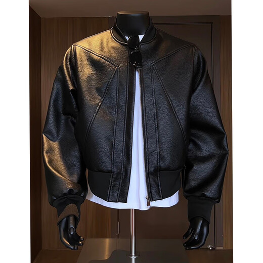 Jufeng American deconstructed short leather jacket men's high-end handsome motorcycle baseball uniform trendy brand workwear bomber jacket black quality upgrade XL 130-150Jin Jin equals 0.5 kg can be worn