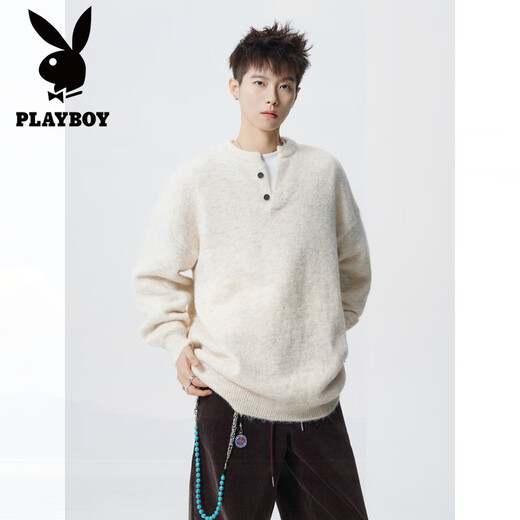 Playboy (PLAYBOY) American Heavy Henley Collar Bottoming Knitted Sweater Men's Autumn Handsome Loose Lazy Style Pullover Sweater Black L