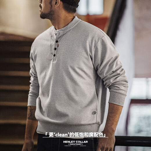Workwear American retro Henry collar woolen sweatshirt half-breasted casual sports long-sleeved bottoming shirt for men in autumn oatmeal color S S