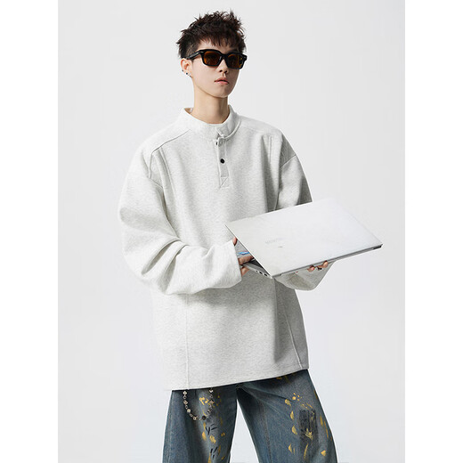 Cotton illusion MIAN HUAN American heavyweight right shoulder deconstructed sweatshirt for men in autumn and winter loose and trendy inner layering shirt Henry collar long-sleeved T-shirt dark heather gray M