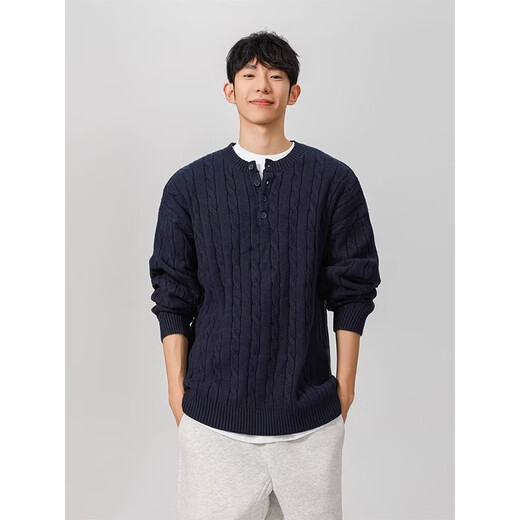 American Henry Collar Sweater Men's Autumn and Winter Cleanfit Loose Lazy Twist Knit Sweater with Bottoming Top Gray XL