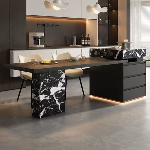 Shunmujia Italian style minimalist high-end slate island integrated dining table and chairs retractable light luxury large apartment kitchen island table island dining table + flat style 5cm hanging slate table top 1.6 meters tabletop