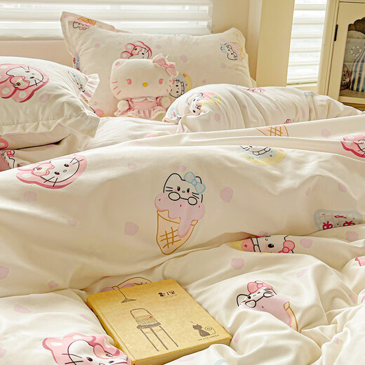 Four-piece bedding set of pure cotton for home maternal and infant grade double-layer gauze sheets and quilt cover for single student dormitory three-piece set Sweetheart KT 1.8m bed quilt cover 180*220 bed sheet 230*230 pillowcase 2