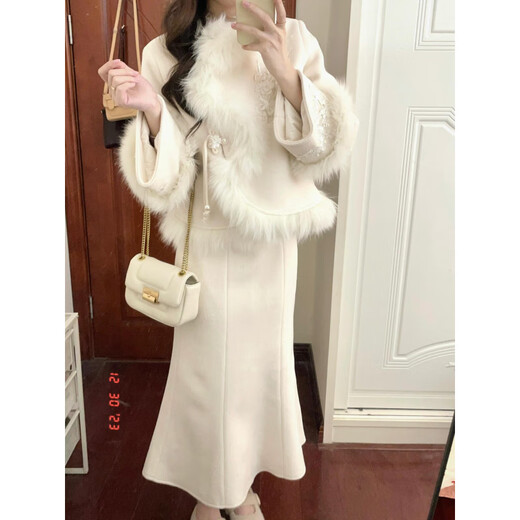 Hengyuanxiang winter clothing with a complete set of large size fat mm new Chinese woolen coat Xiaoxiang style royal sister fashion suit for women two-piece suit L (recommended 100-120 Jin Jin equals 0.5 kg)