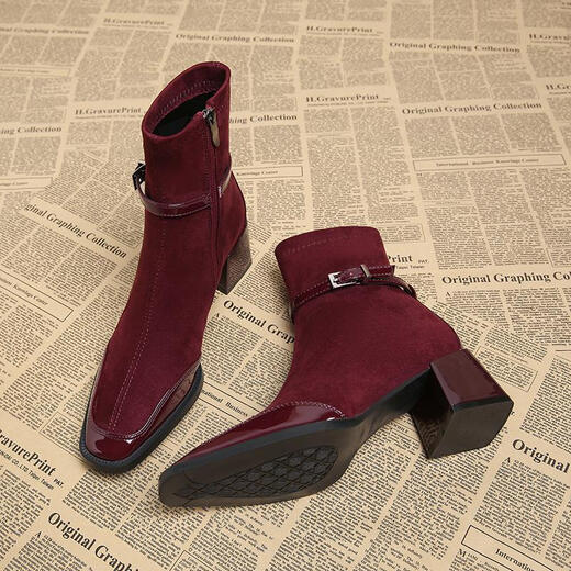 CARTELO French retro small ankle boots high-heeled short boots for women 2026 autumn and winter new style versatile comfortable thick heel thin boots short boots for women Angora Red 37